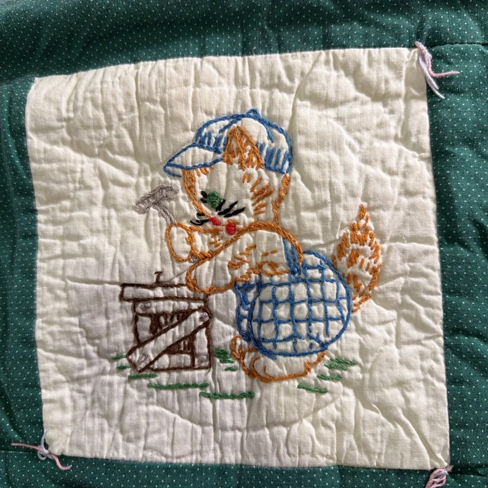 Vintage Handmade Embroidered Crib Quilt Playful Animals Green White
